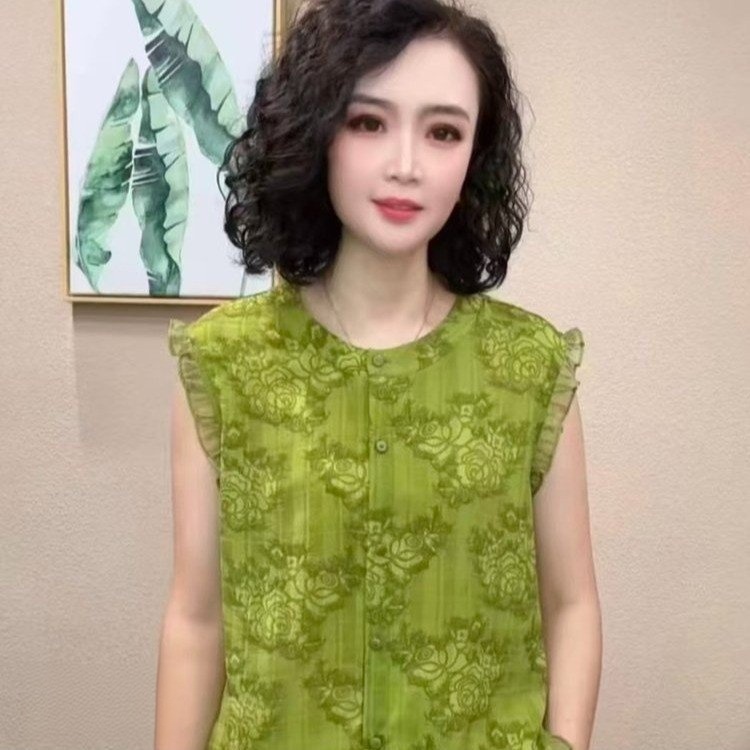 【無袖印花女襯衫】