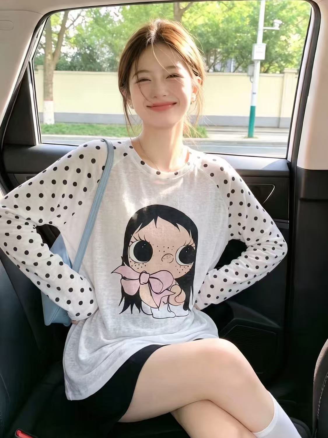 【韓系慵懶風】波點卡通印花透膚長袖防曬罩衫（夏季薄透寬鬆上衣）